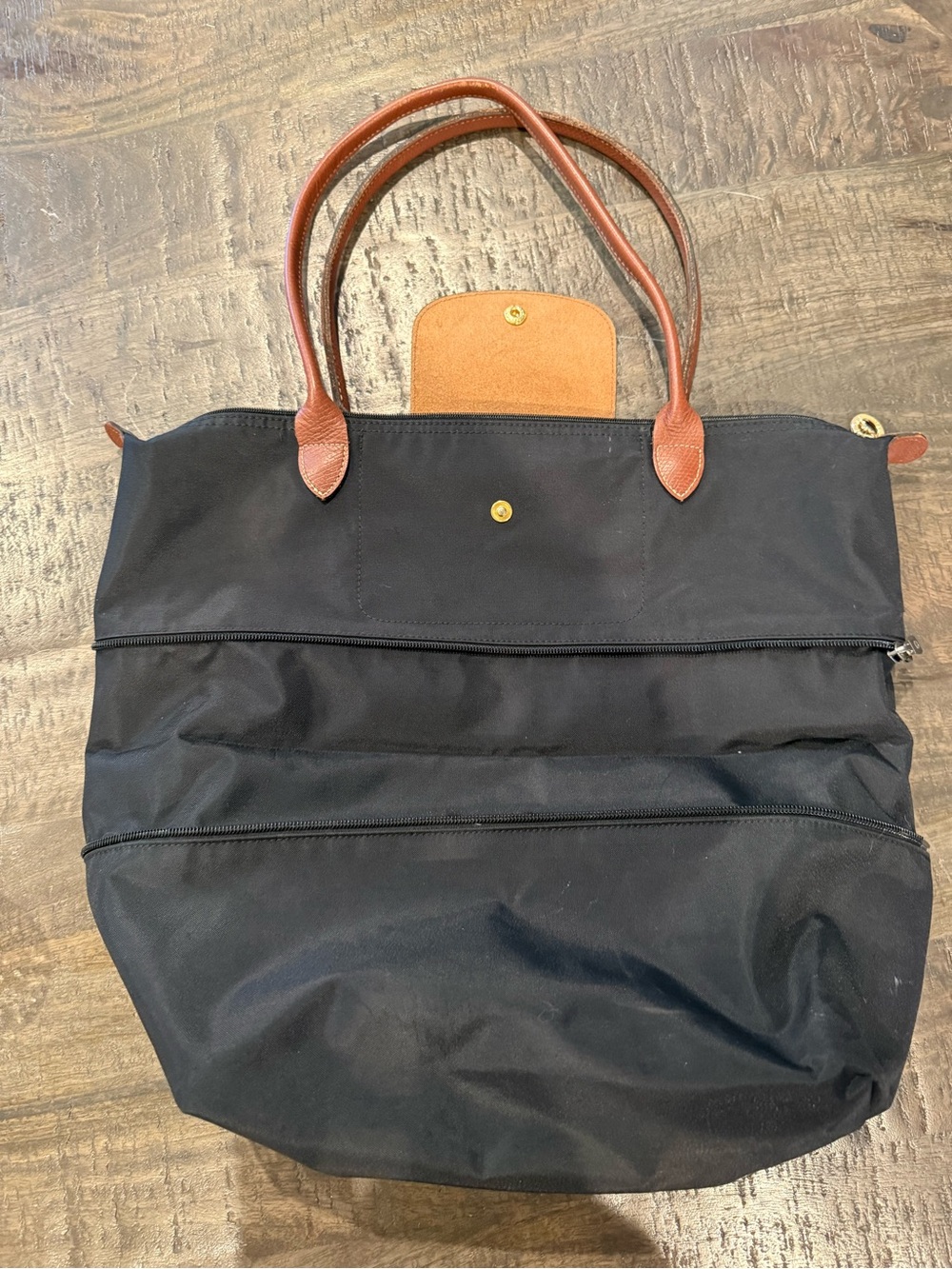 Longchamp Le Pliage Black Nylon Expandable Travel Tote w/Brown Leather - Picture 6 of 12